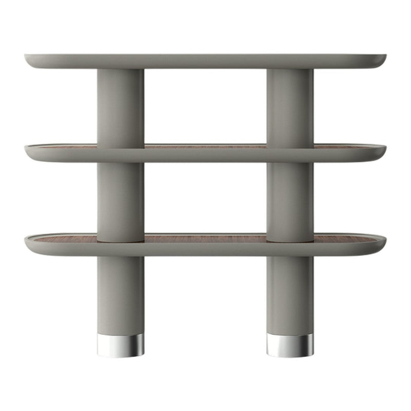 Gray shelving unit with rounded edges and wood-patterned shelves, featuring sleek silver accents.