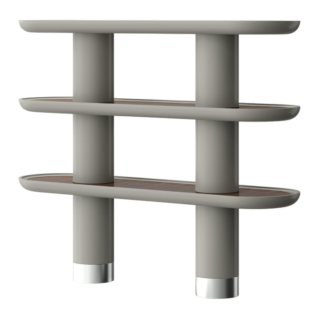 Gray shelving unit with smooth lines and wooden shelves, featuring a modern minimalist design. Silver accents highlight edges.