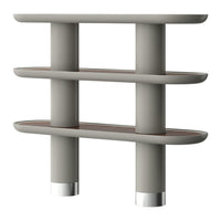 Gray shelving unit with smooth lines and wooden shelves, featuring a modern minimalist design. Silver accents highlight edges.