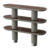 Three-tiered shelving unit with smooth gray legs and rich wood grain shelves, showcasing a modern, minimalist design.