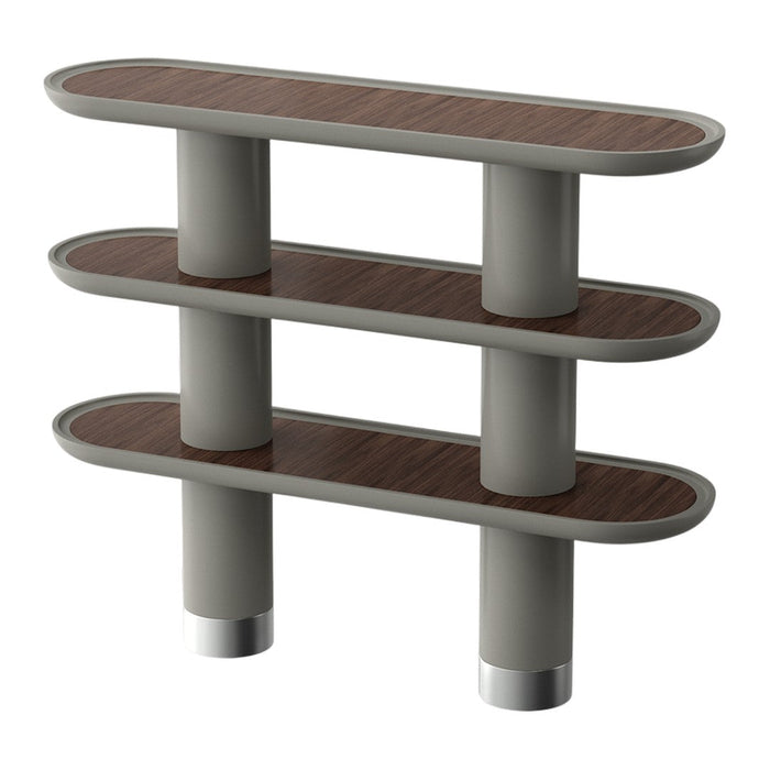 Three-tiered shelving unit with smooth gray legs and rich wood grain shelves, showcasing a modern, minimalist design.