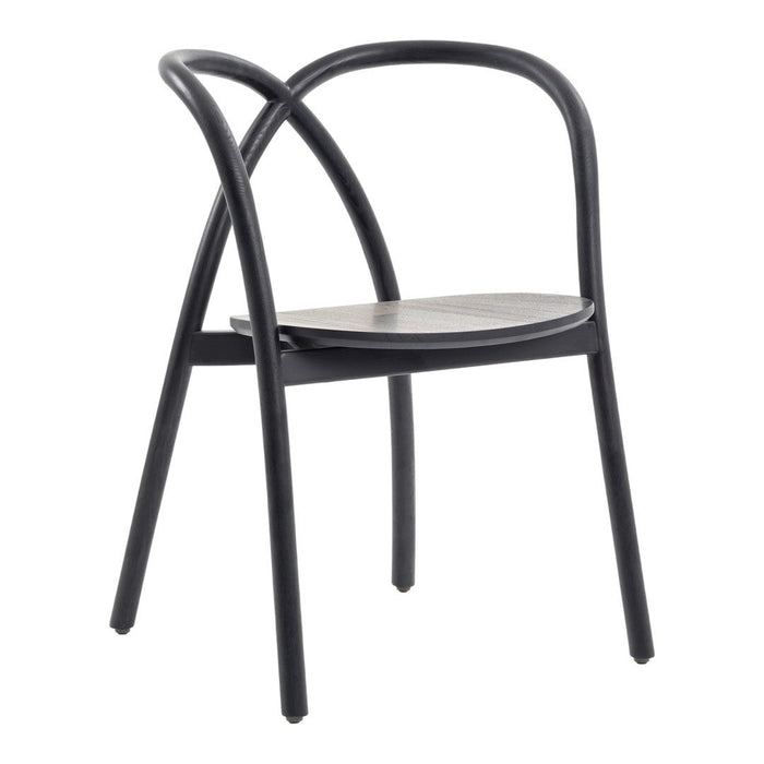Black minimalist chair with curved arms and a simple wooden seat, showcasing a sleek and modern design.