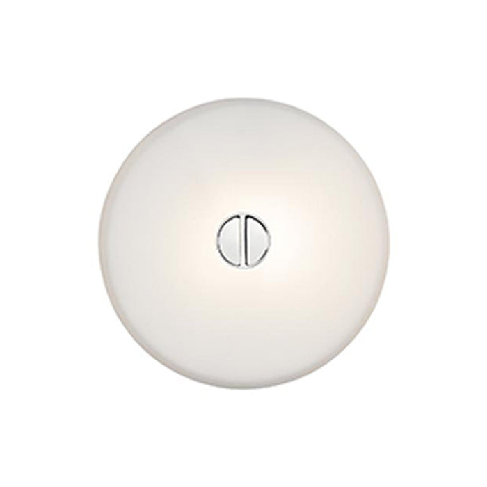 Round white ceiling light with a smooth finish and a simple chrome dual switch design. Ideal for modern decor.