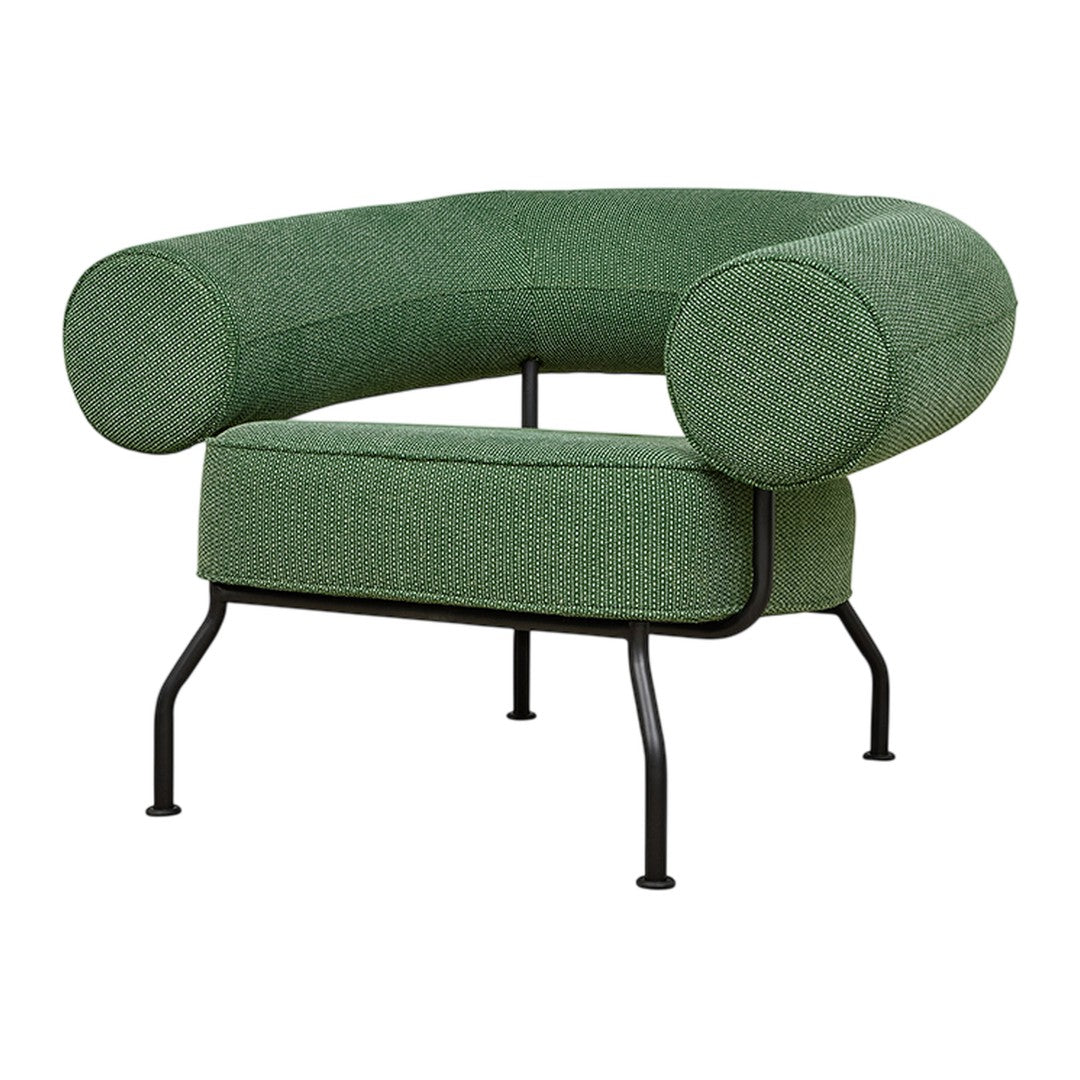 Green curved armchair with textured fabric and black metal legs. Modern, minimalist design accentuates any space.