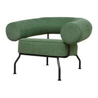 Green curved armchair with textured fabric and black metal legs. Modern, minimalist design accentuates any space.