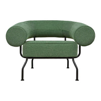 Green upholstered chair with round arms and a black metal frame. Simple and modern design, perfect for contemporary decor.