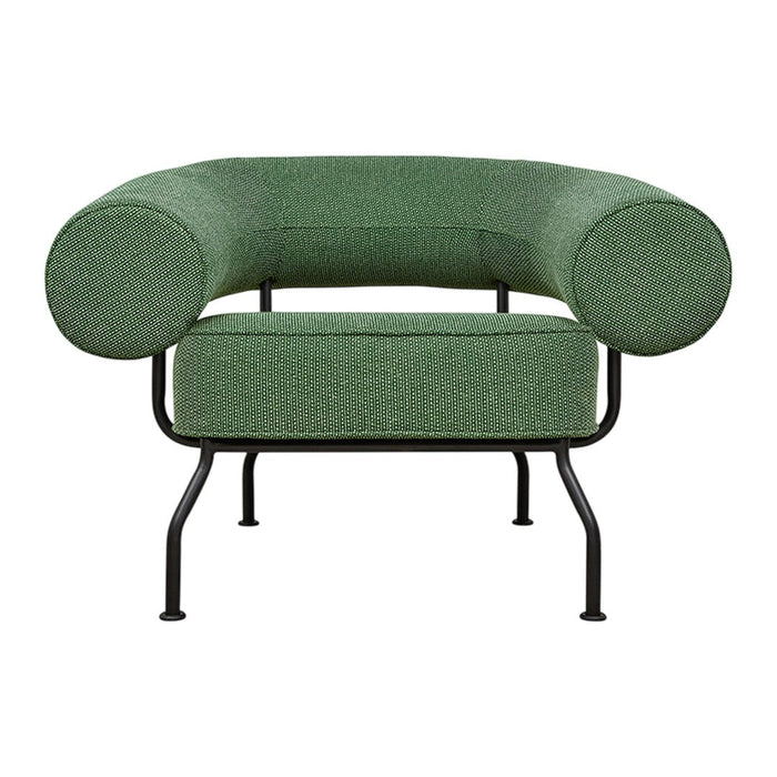 Green upholstered chair with round arms and a black metal frame. Simple and modern design, perfect for contemporary decor.