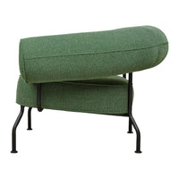 Green upholstered chair with a textured finish and a rounded design, supported by a sleek black metal frame.