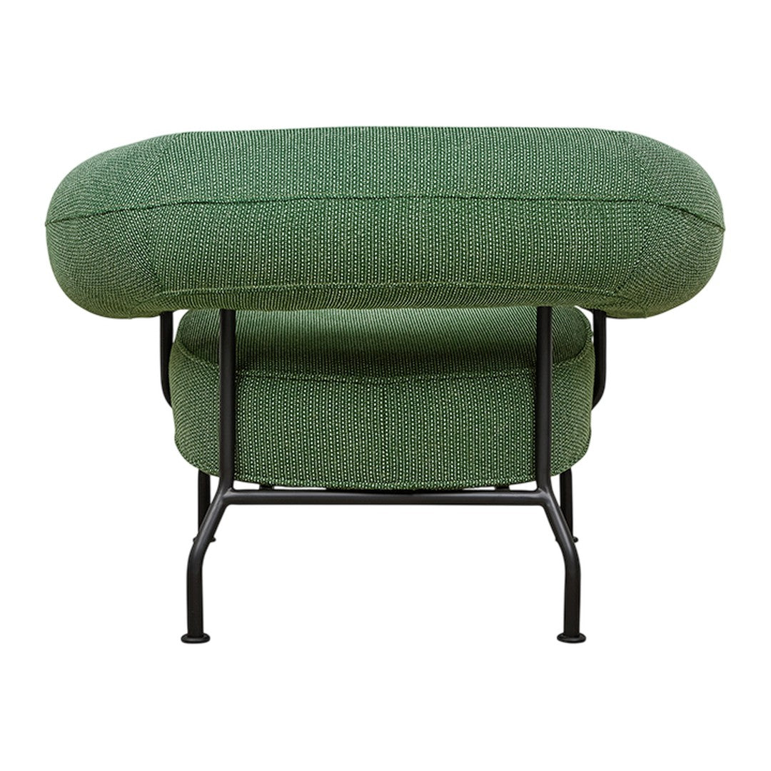 Green upholstered chair with a rounded, modern design and a sleek black metal frame. Stylish and contemporary look.