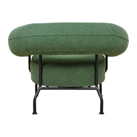 Green upholstered chair with a rounded, modern design and a sleek black metal frame. Stylish and contemporary look.
