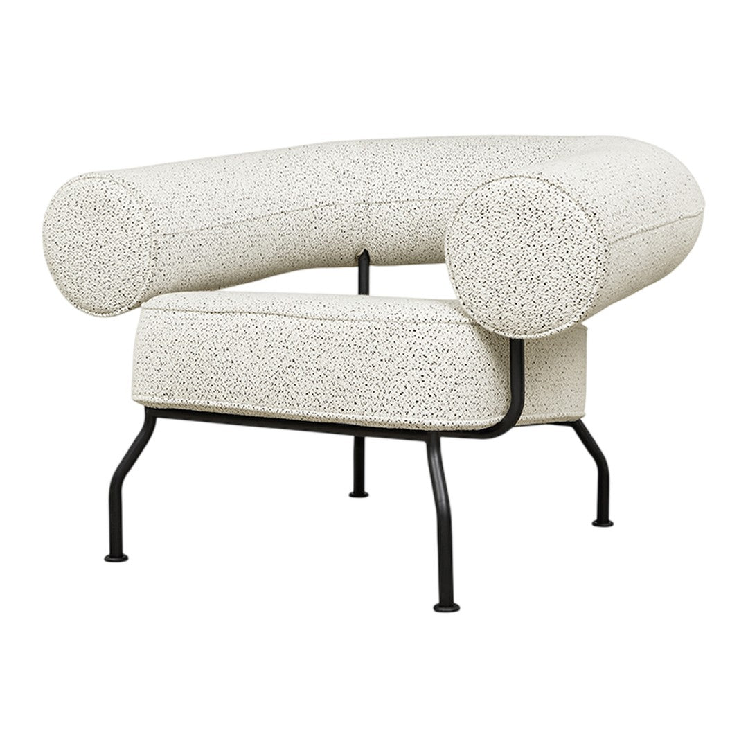 Textured white chair with rounded arms and black metal legs, featuring a subtle speckled pattern for a modern look.