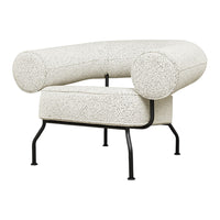 Textured white chair with rounded arms and black metal legs, featuring a subtle speckled pattern for a modern look.
