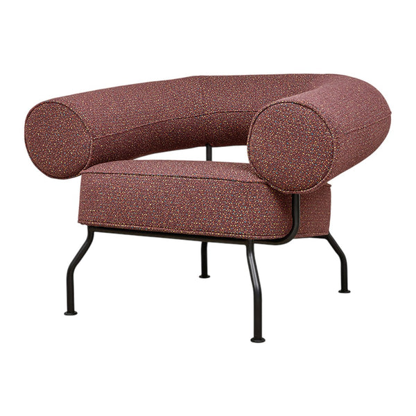 Curved chair featuring rich burgundy fabric with subtle multicolored specks and sleek black metal legs.