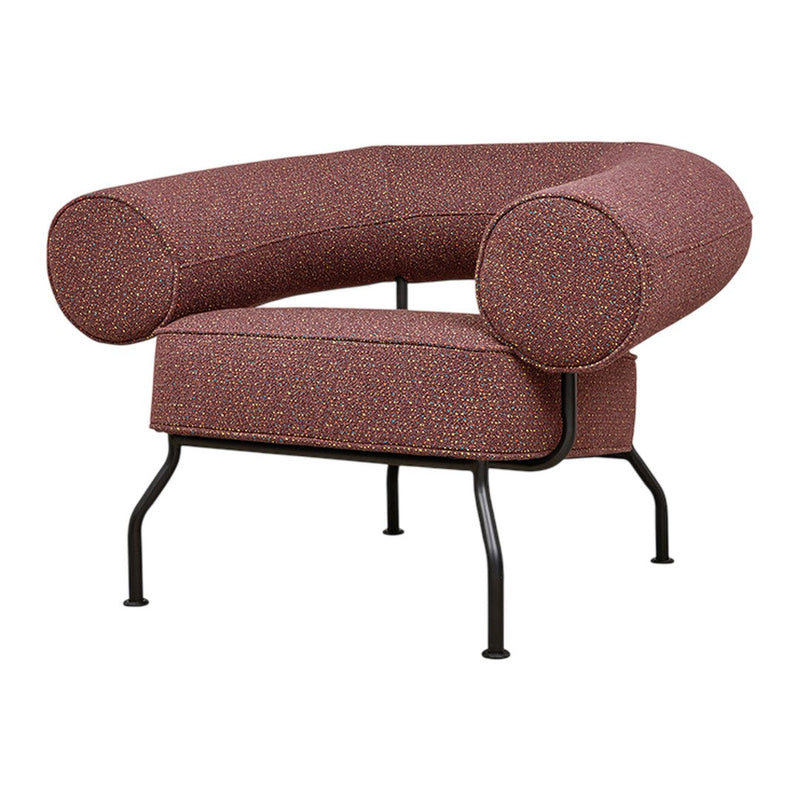 Curved chair featuring rich burgundy fabric with subtle multicolored specks and sleek black metal legs.