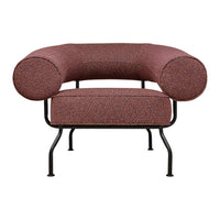 Curved burgundy chair with a textured, multi-colored dot pattern on a sleek black metal frame.