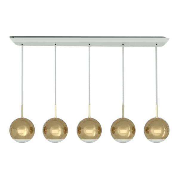 Modern pendant light with five gold spheres on a sleek silver base. Perfect for adding elegance to any space.