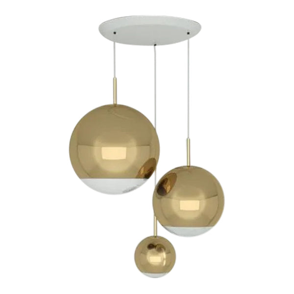 Modern pendant light featuring three glossy gold spheres with a sleek white ceiling mount.
