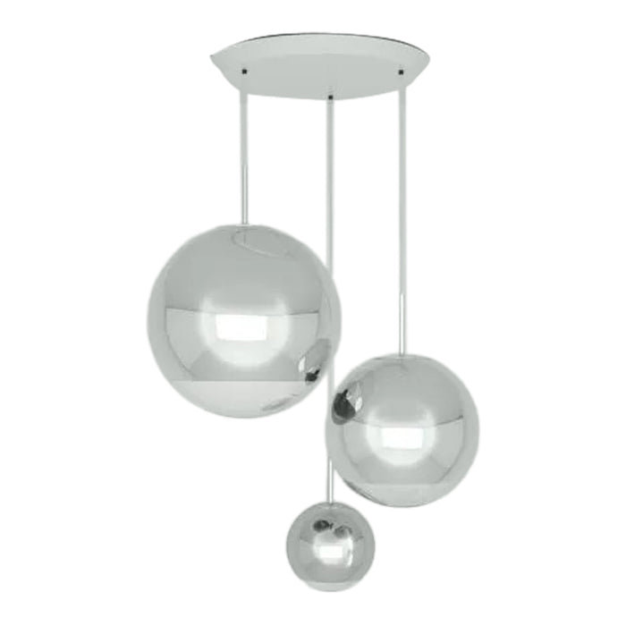 Sleek chrome pendant light featuring three reflective spherical shades in varying sizes. Perfect for modern decor.