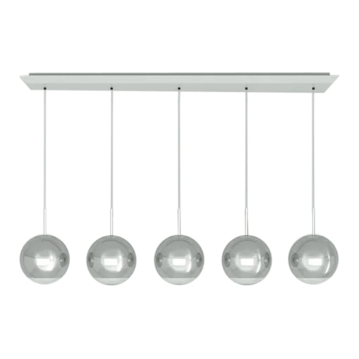 Sleek silver pendant lights on a modern white fixture, featuring a minimalist design with smooth, reflective surfaces.