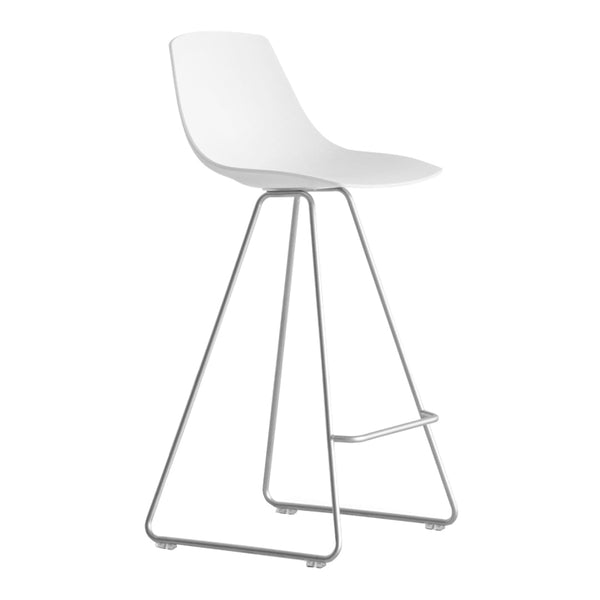 Modern white bar stool with a smooth seat and sleek, minimalist metal legs for a contemporary look.