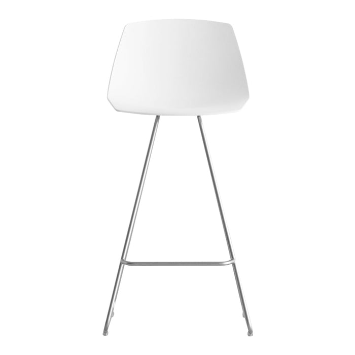 White modern stool with a sleek design and chrome legs, perfect for minimalist decor.