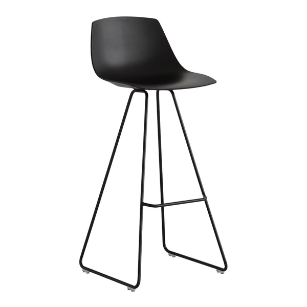 Black modern bar stool with a sleek plastic seat and minimalist metal frame. Ideal for contemporary decor.