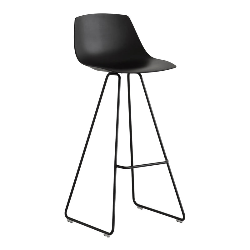 Black modern bar stool with a sleek plastic seat and minimalist metal frame. Ideal for contemporary decor.