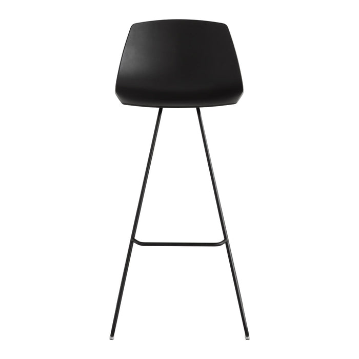 Black modern bar stool with a sleek design and minimalistic metal legs. Perfect for contemporary spaces.