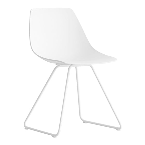 White minimalist chair with smooth contours and sleek metal legs, perfect for modern decor.
