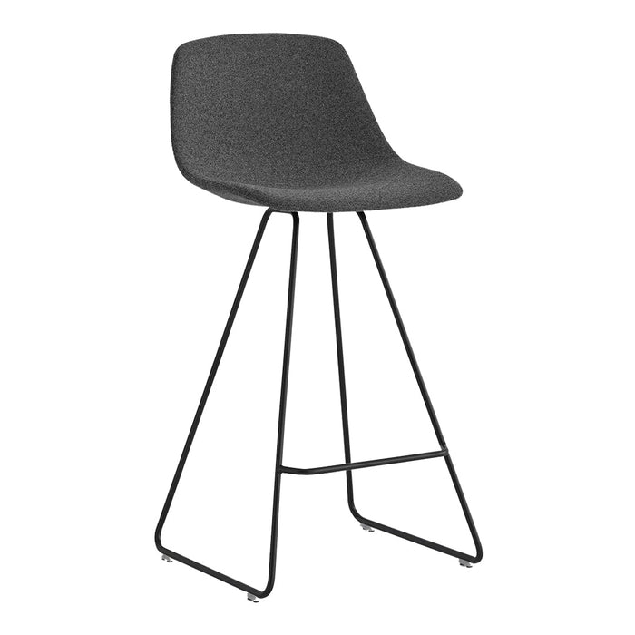Gray textured bar stool with a black metal frame, featuring a sleek, modern design. Ideal for contemporary spaces.