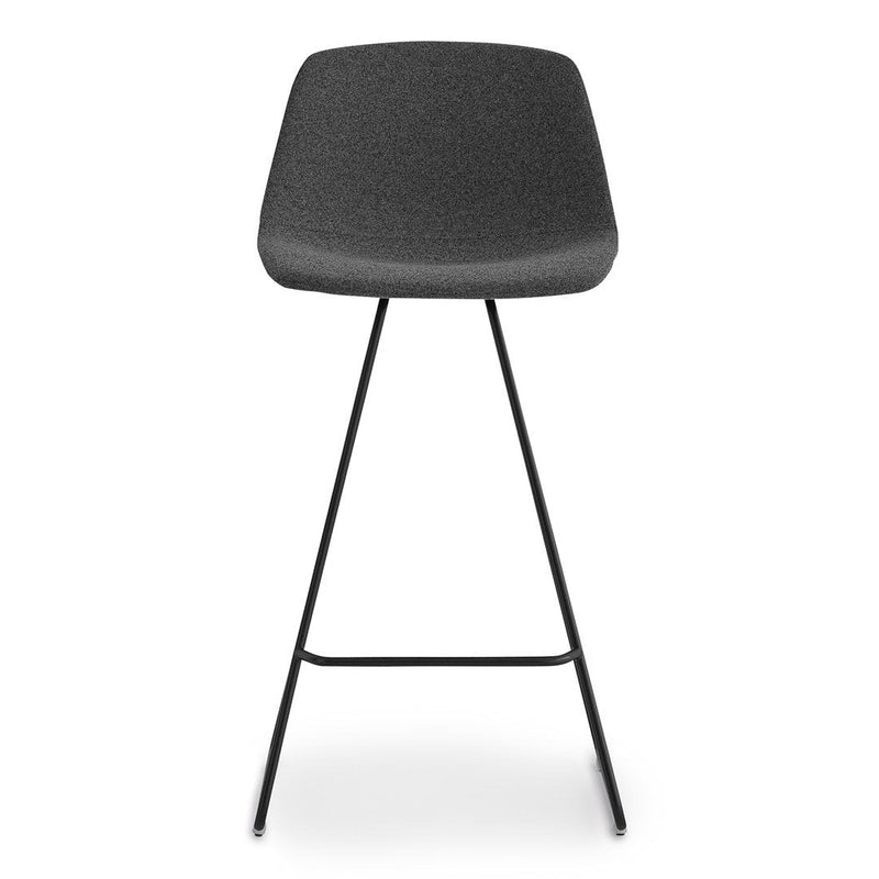Black upholstered bar stool with a textured finish and sleek metal legs. Modern minimalist design.