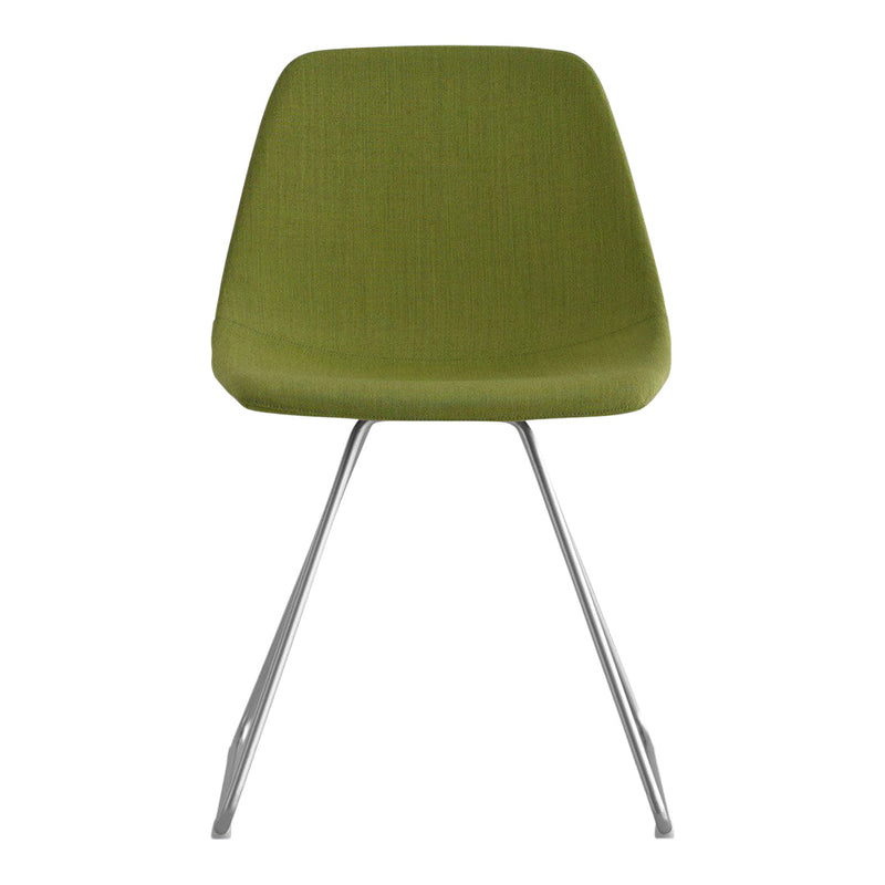 Green upholstered chair with a textured finish and sleek silver legs. Ideal for modern decor.