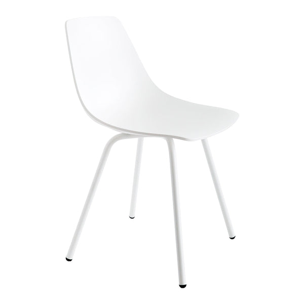 White modern chair with a sleek, minimalist design and smooth, matte finish. Perfect for contemporary decor.