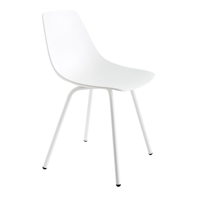 White modern chair with a sleek, minimalist design and smooth, matte finish. Perfect for contemporary decor.