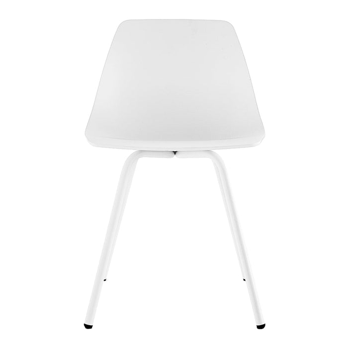 White minimalist chair with a sleek, smooth finish and slender metal legs. Perfect for modern decor.