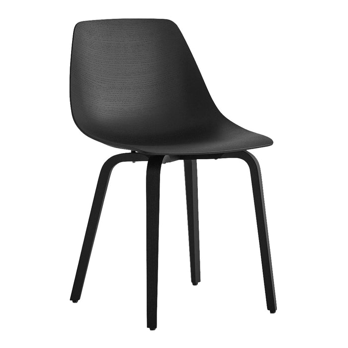 Black molded chair with a smooth finish and minimalist design, featuring black metal legs for a sleek look.
