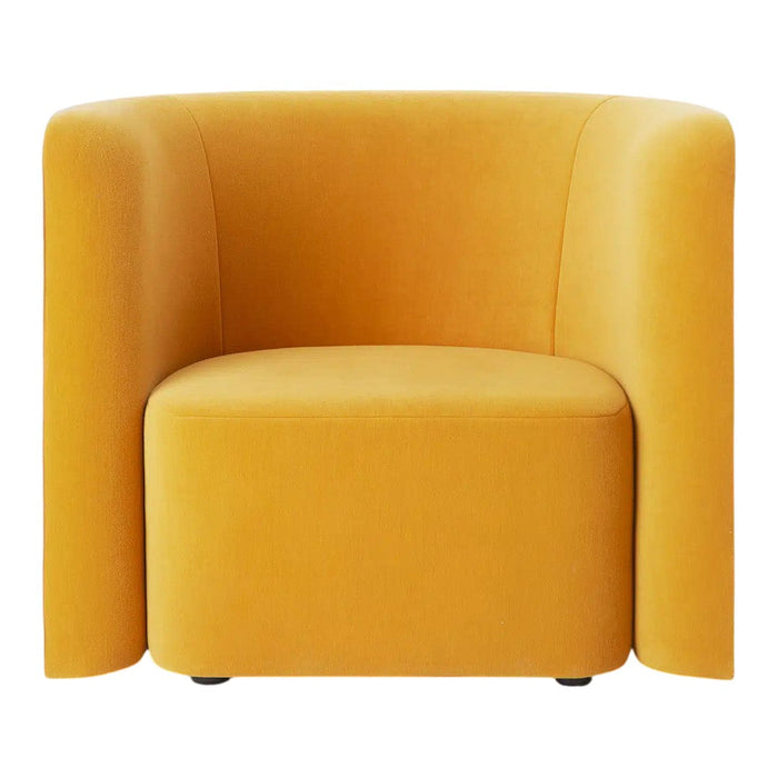 Modern yellow upholstered accent chair with a sleek curved design and minimalist style. Perfect for brightening any space.