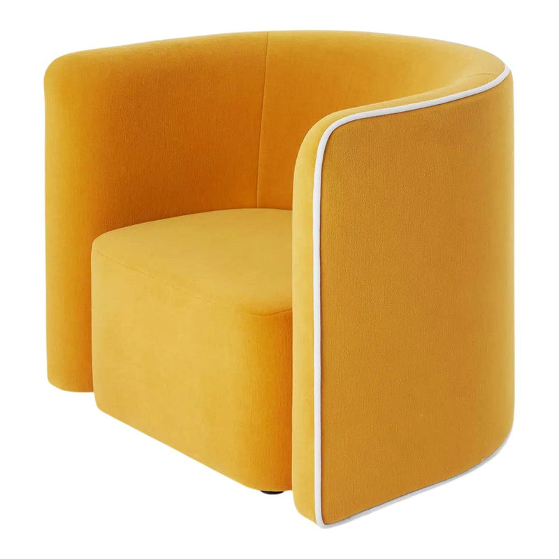 Vibrant yellow velvet accent chair with sleek white piping, featuring a modern, curved design.