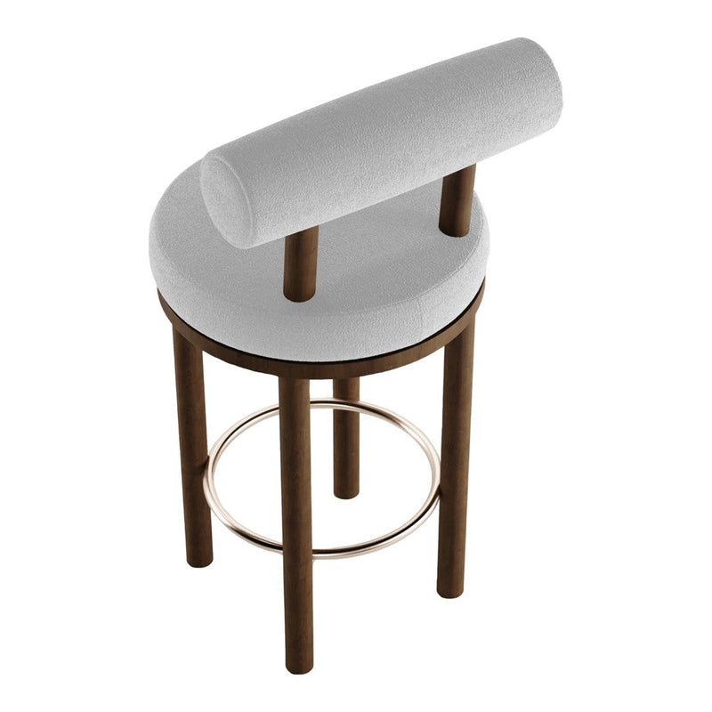 White upholstered bar stool with a round seat and dark wood legs, featuring a subtle, minimalist design.