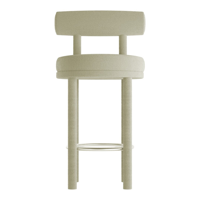 Light beige upholstered bar stool with minimalistic design and soft, rounded edges.