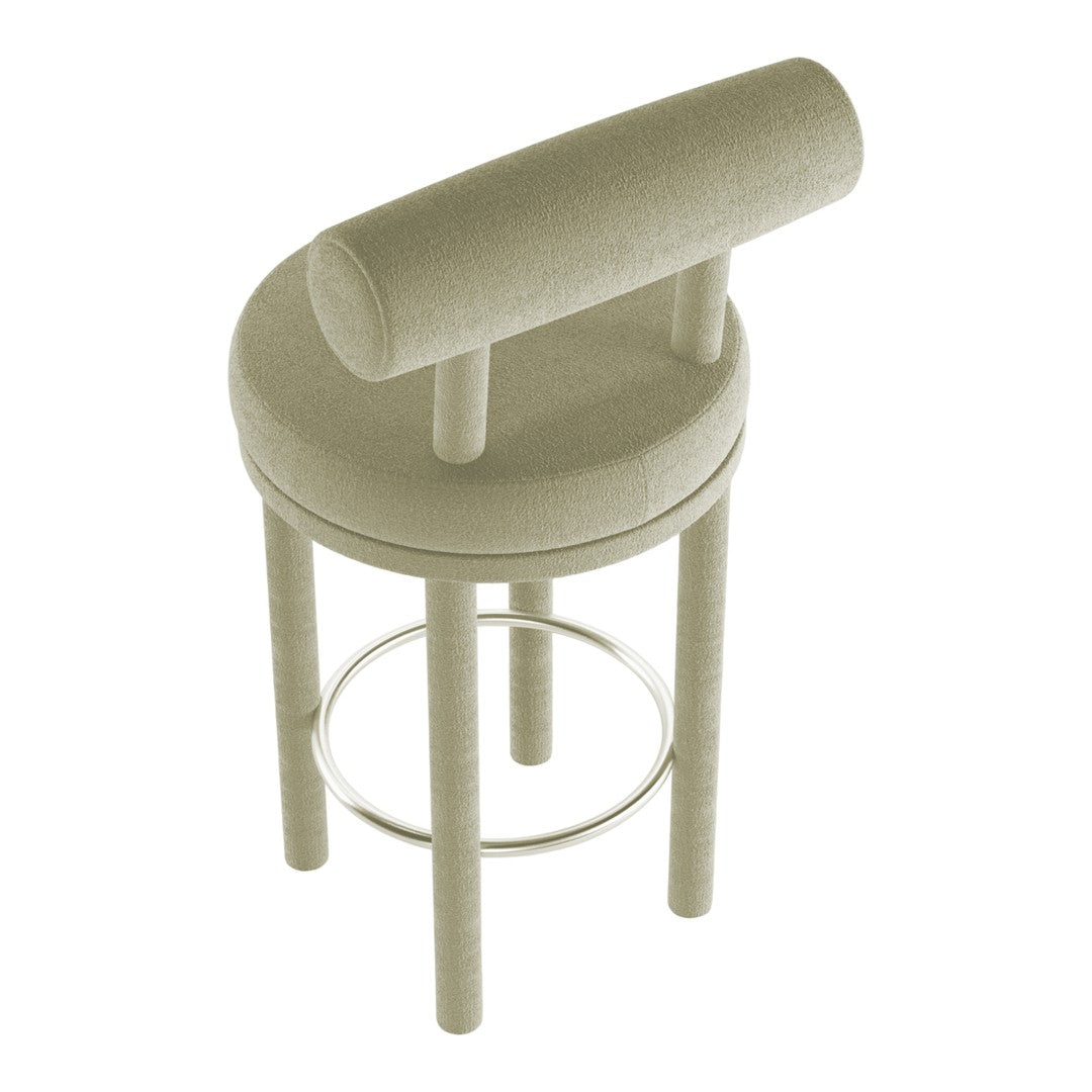 Beige upholstered bar stool with a round seat and unique curved backrest, featuring sleek wooden legs.
