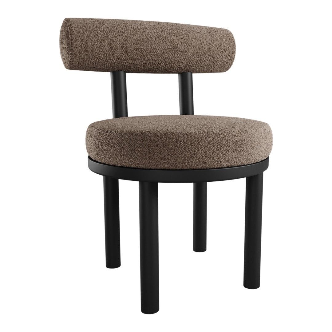 Brown textured upholstery chair with a rounded back and black legs, featuring a simple, modern design.