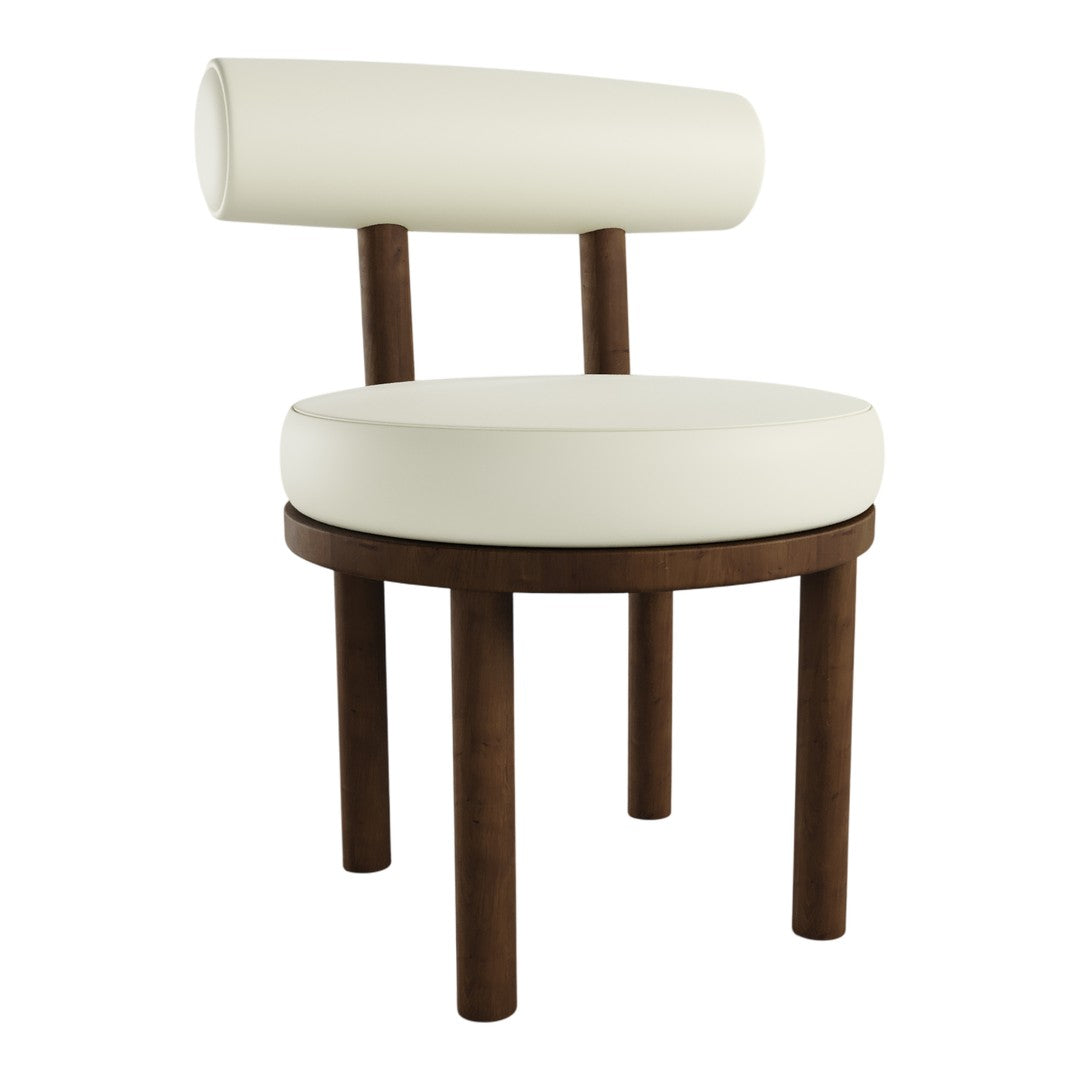 White upholstered chair with a round seat and curved backrest, featuring a dark wood frame. Minimalist design.