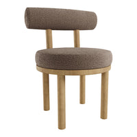 Brown upholstered chair with a minimalist design and textured fabric. Features a circular seat and smooth, natural wood legs.