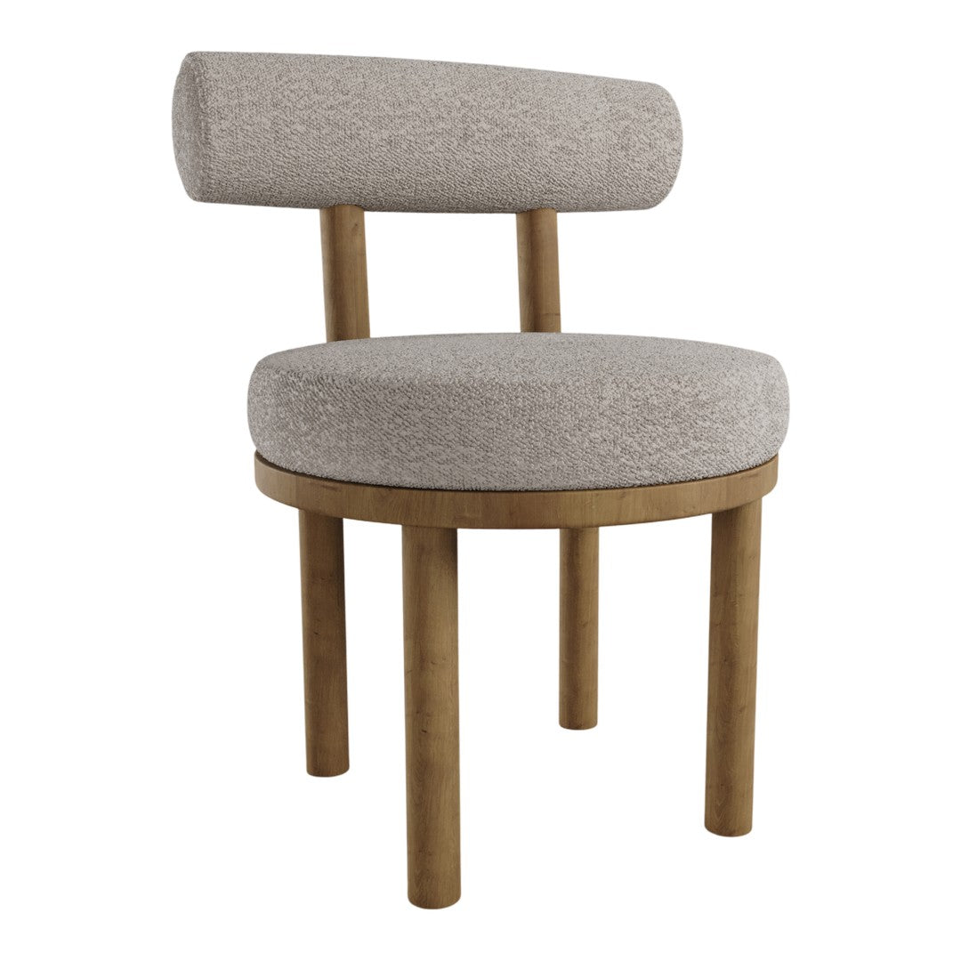 Light gray textured upholstery chair with a round seat and backrest, paired with natural wood legs.