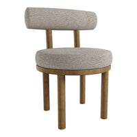 Light gray textured upholstery chair with a round seat and backrest, paired with natural wood legs.