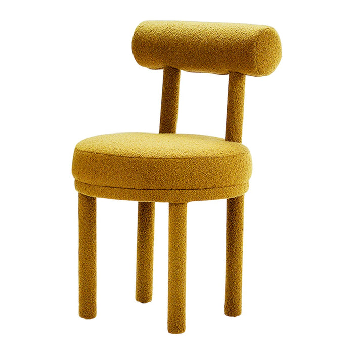 Yellow upholstered chair with a round seat and cylindrical back, featuring a smooth, minimalist design.