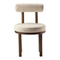 Cream-colored upholstered chair with a minimalist design and walnut wood legs. Soft, textured fabric adds warmth.