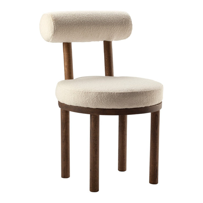 Cream upholstered chair with a round backrest and dark wood legs, featuring a sleek, modern design.