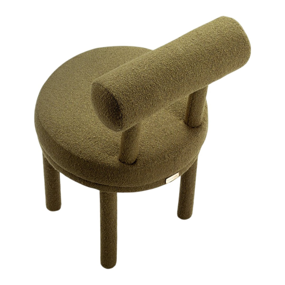 Olive green textured chair with a round seat and cylindrical armrest, perfect for modern decor.